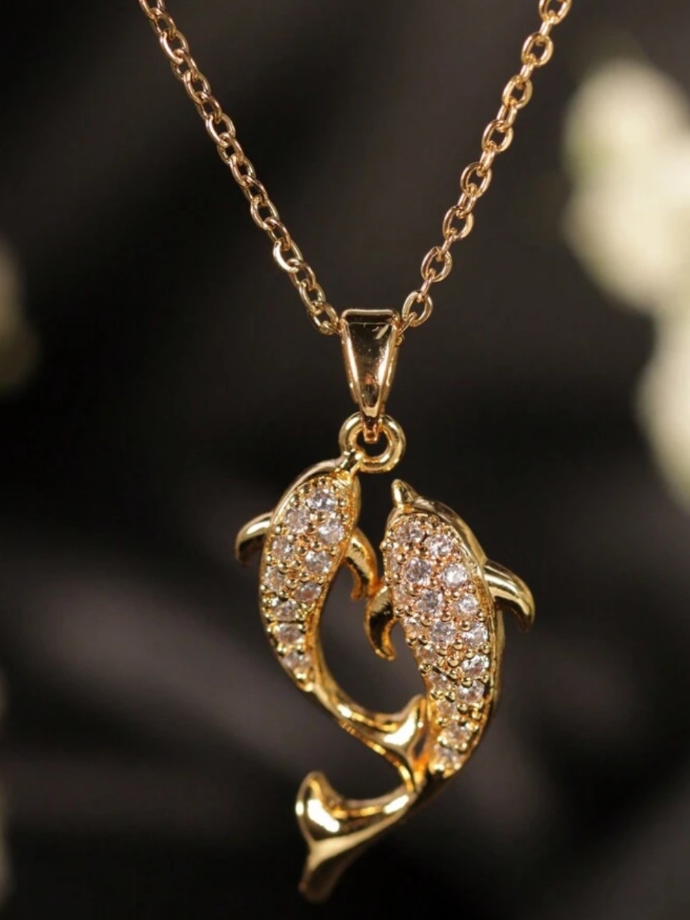 Gold Dolphin Pendant Necklace with Crystal Accents - Women's Jewelry